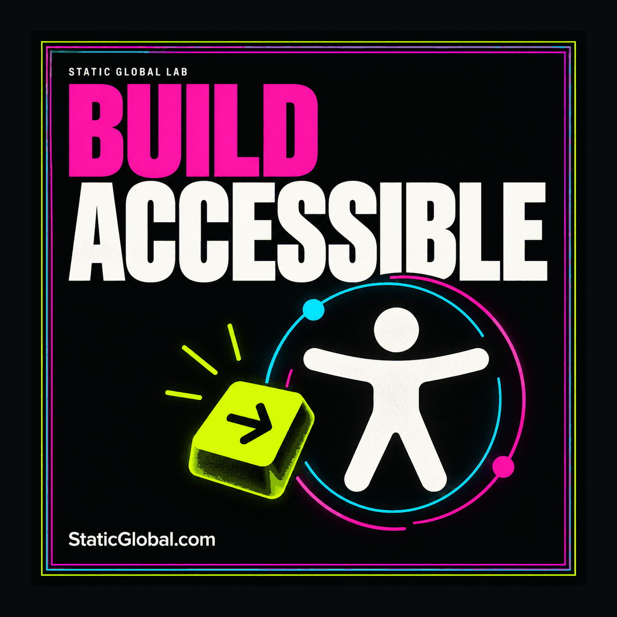 Neon HTML5 template checklist card with structure, accessibility, and performance checkpoints and StaticGlobal.com branding.