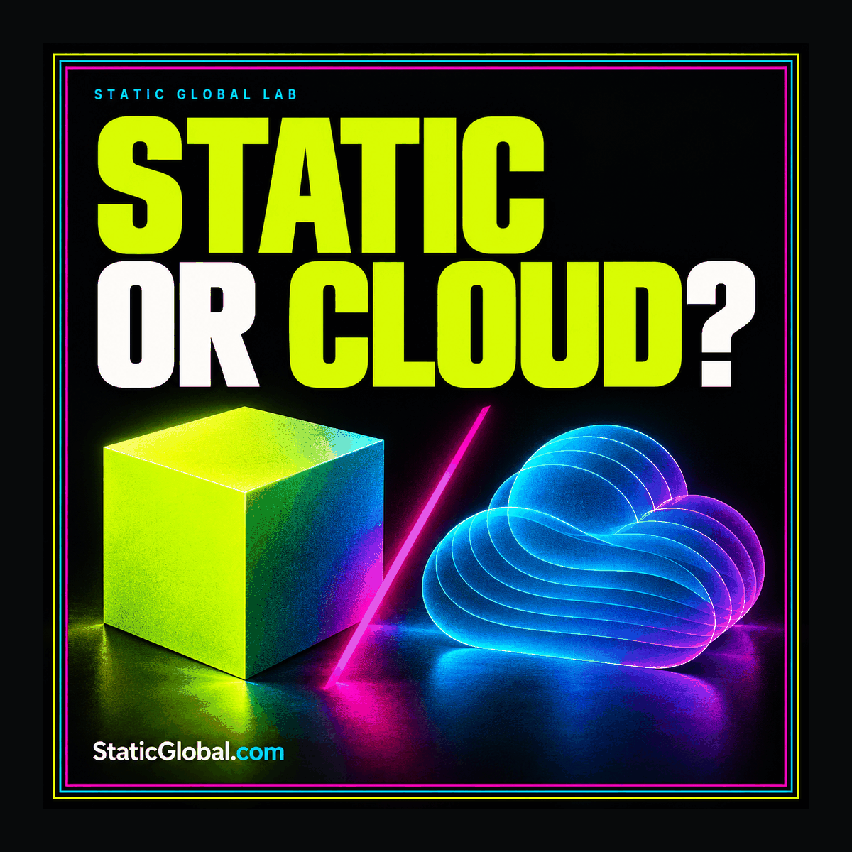 Neon comparison card showing a static page stack beside a cloud hosting diagram, branded StaticGlobal.com.